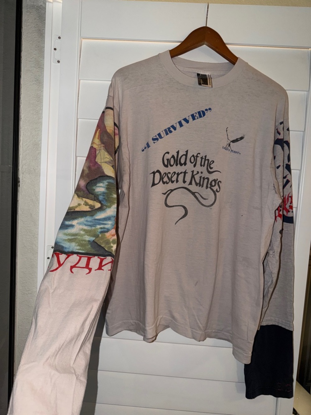 Gold of the Desert Kings Long Sleeve Graphic Tee - Tan with Multicolor Sleeves